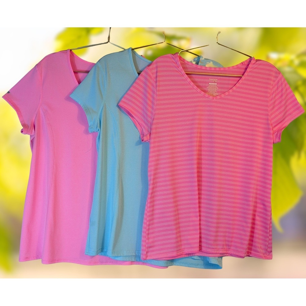 Danskin Now Womens V-Neck Activewear 3 Tops Bundle Pink Blue Striped XL XXL